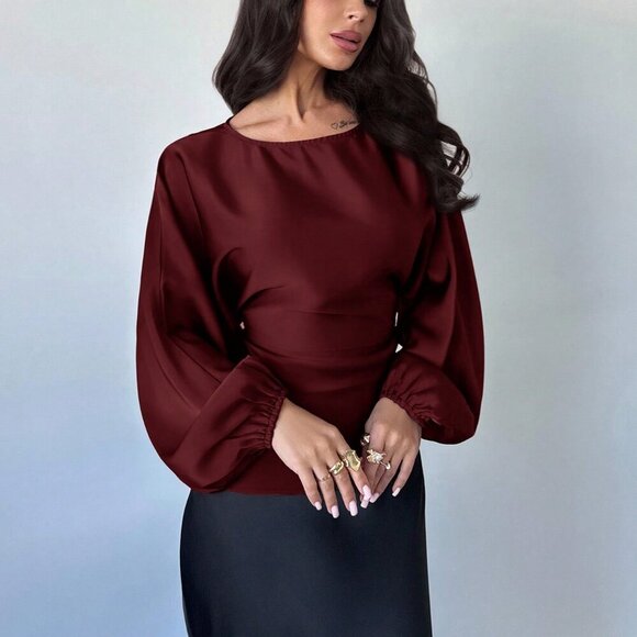 Burgundy Elegant Women's Romantic Round Neck blouse - Picture 4 of 7